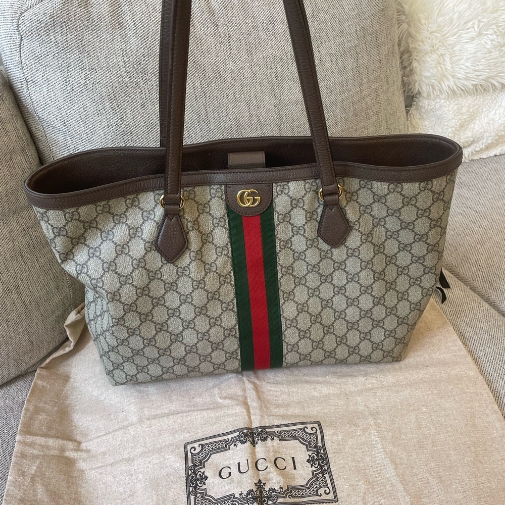 Gucci Ophidia Magnetic/Snap Closure GG Web Tote Medium Beige/Ebony Canvas